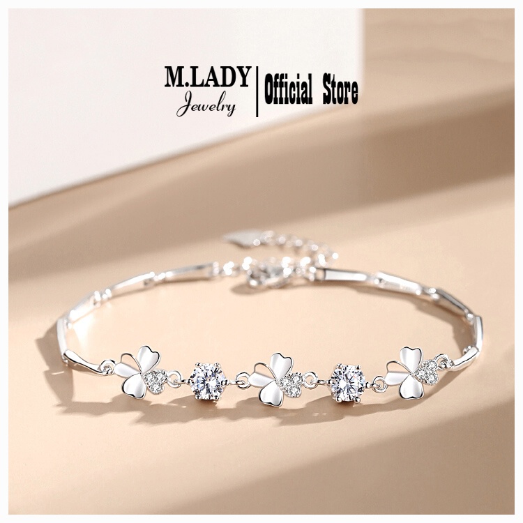 Lắc Tay Bạc Nữ - Cỏ Bốn Lá Đính Đá (BST Cỏ Bốn Lá) - Vòng Tay Bạc Sterling M.Lady Jewelry (MLJ)