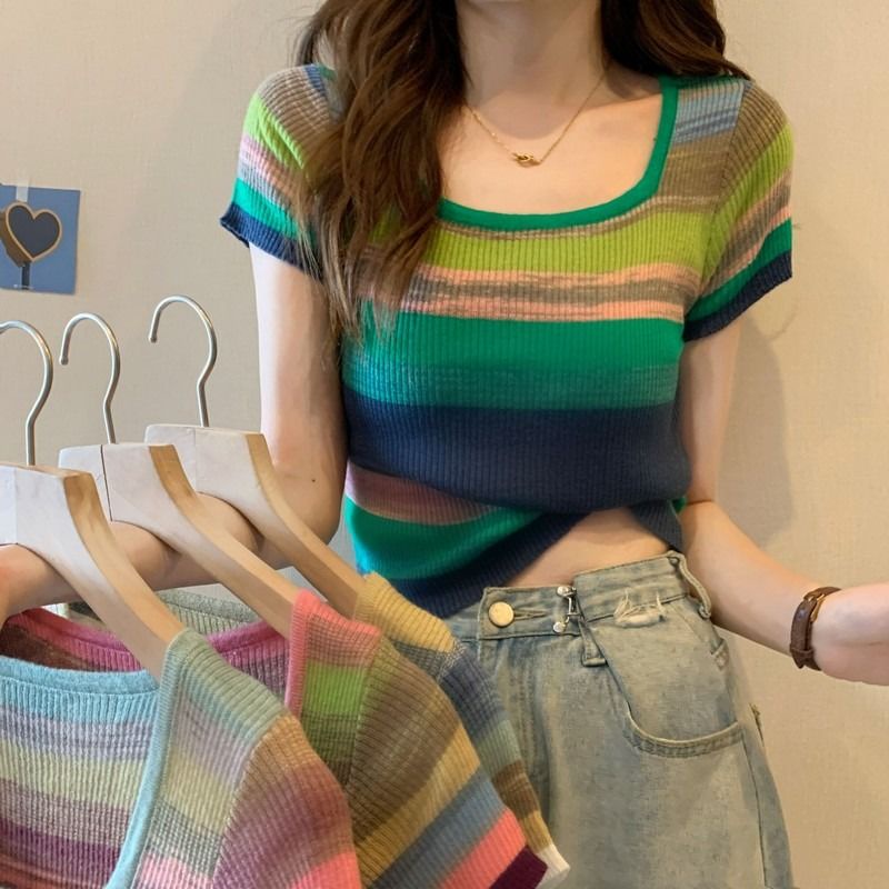Áo Thun cotton Dệt Kim Mỏng Cổ Vuông Tay Ngắn Họa Tiết Kẻ Sọc Cầu Vồng Thời Trang Mùa Hè 2023 Cho Nữ