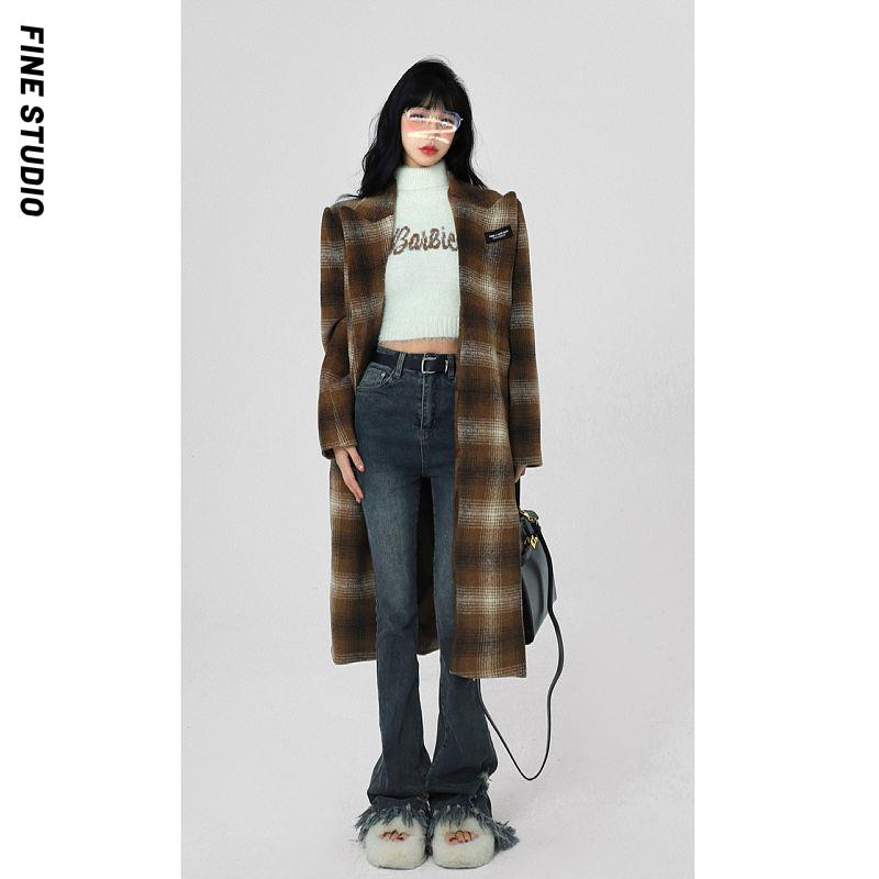 Fine Studio Áo Sweater Dệt Kim Lông Chồn Hai Dây Cổ Cao Phong Cách Retro Thu Đông Mới Cho Nữ