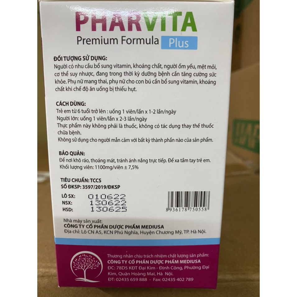 (Hiệu quả, giá tốt) PHARVITA PLUS Vitamin tổng hợp bồi bổ cơ thể, bổ sung khoáng chất,tăng cường đề kháng - Hộp 100v