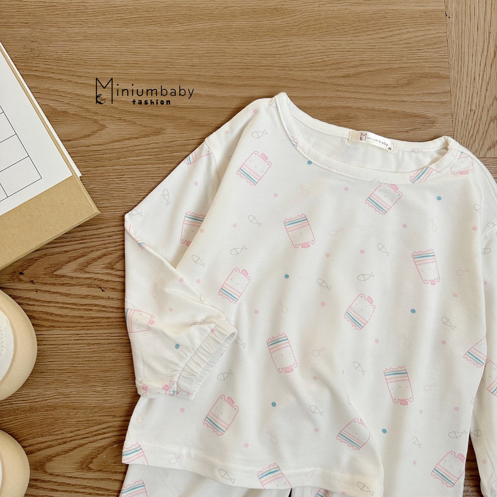 Bộ dài tay cotto lụa trơn họa tiết cho bé MiniumBaby, set đồ cotton thu dông trẻ em, SB1357