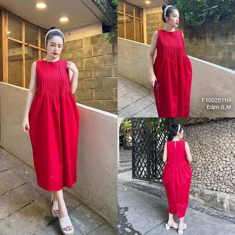 Đầm thô dáng dài xếp ly ngực tôn dáng transstore