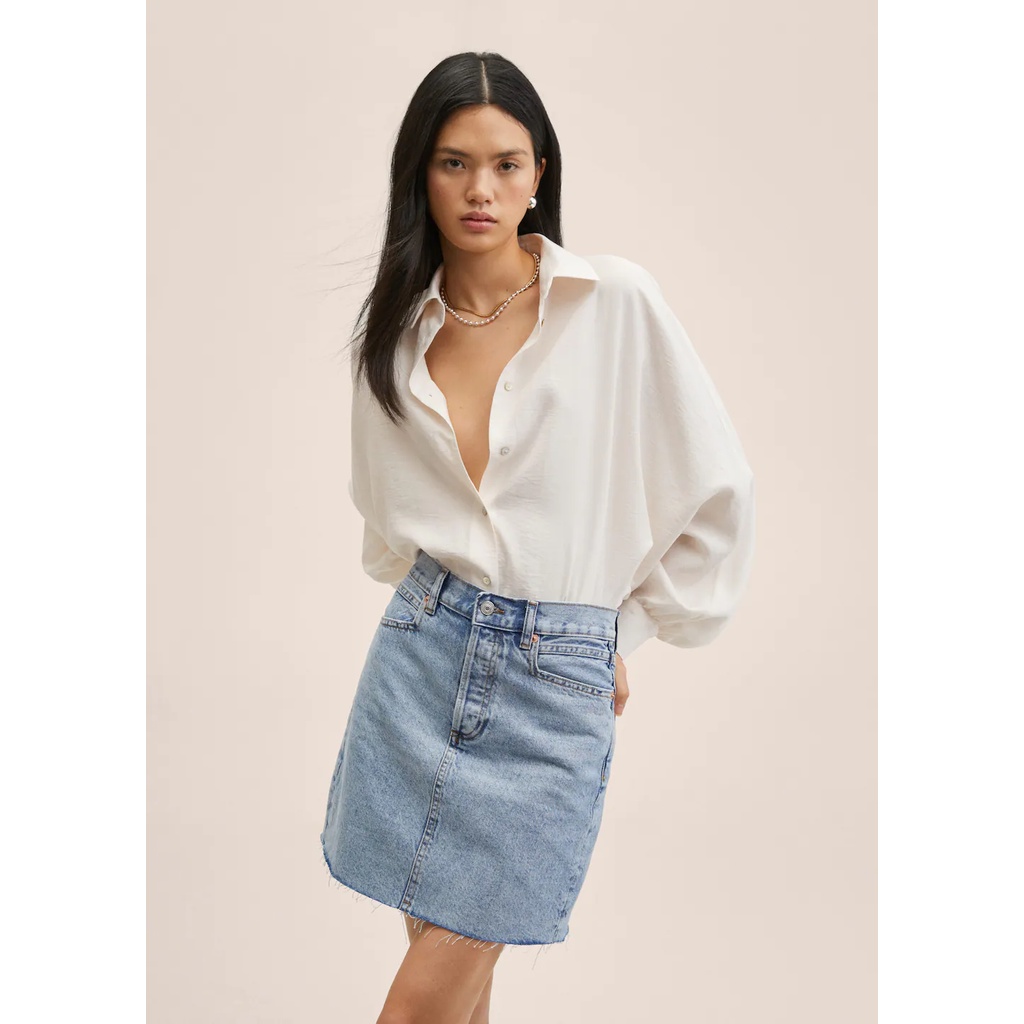 Mango Đức - Chân váy jean chữ A ngắn màu xanh denim nhạt mini bò ôm body auth new tag cao cấp chính hãng 17010803002