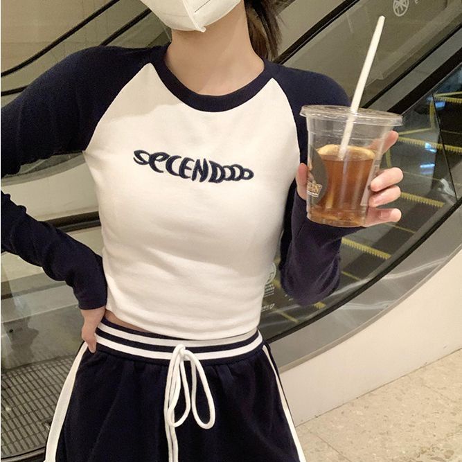 Jiashucheng Áo Thun Tay Dài Hở Vai Màu Sắc Tương Phản Thời Trang Mùa Thu Cho Nữ