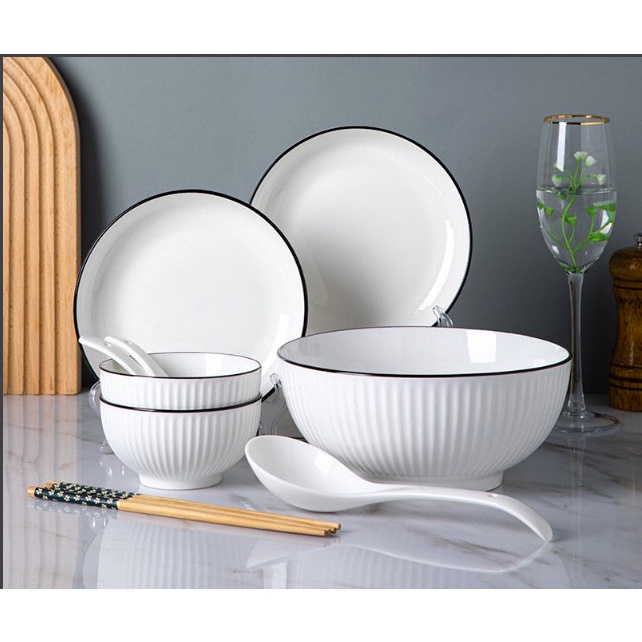 Bán lẻ bát ăn cơm, đĩa, tô màu trắng viền đen phong cách châu Âu cao cấp sang trọng