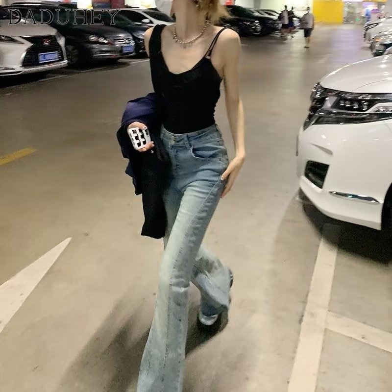 Quần jean DADUHEY lưng cao ôm dáng chà nhám phong cách retro Hàn Quốc 2023 mới