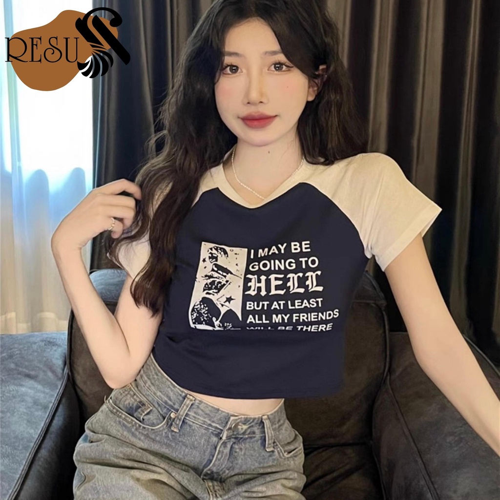 Áo Croptop Phối Tay Ôm Body Nữ iN Chữ HELL Cổ Tròn Tay Ngắn, Áo Thun Croptop Kiểu Sexy In Họa Tiết | BigBuy360 - bigbuy360.vn