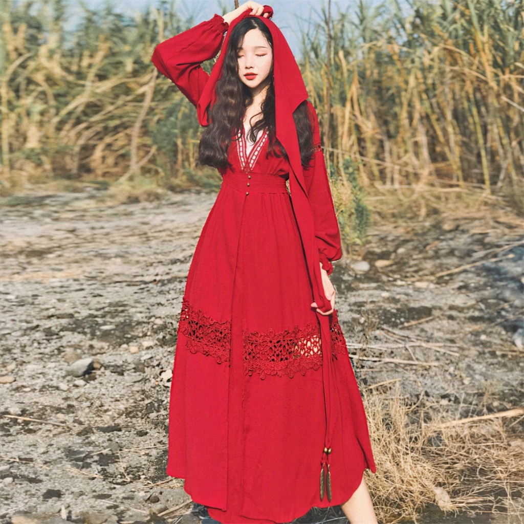 Váy maxi màu đỏ dáng dài xẻ tà đùi có mũ - MS105