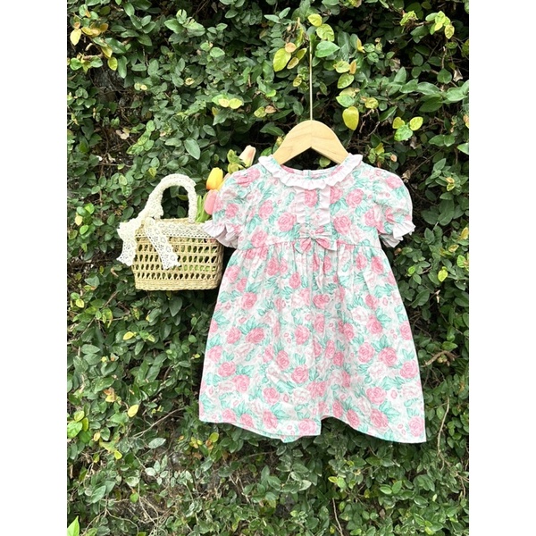 Váy bé gái, có tay, họa tiết hoa hồng vintage , chất thô cotton mềm thấm hút mồ hôi