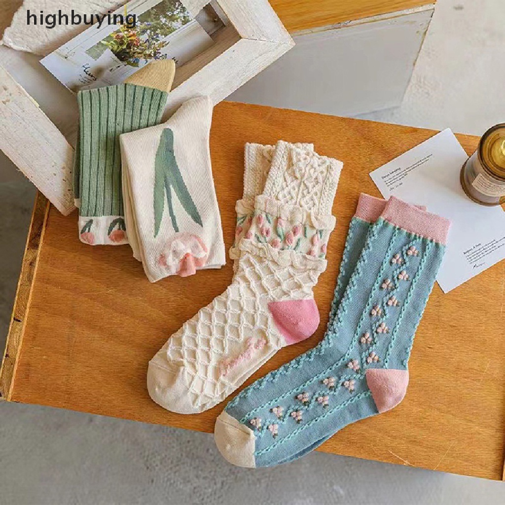 Đôi Tất Cotton Trang Trí Hoa Phong Cách Hàn Quốc Cho Nữ