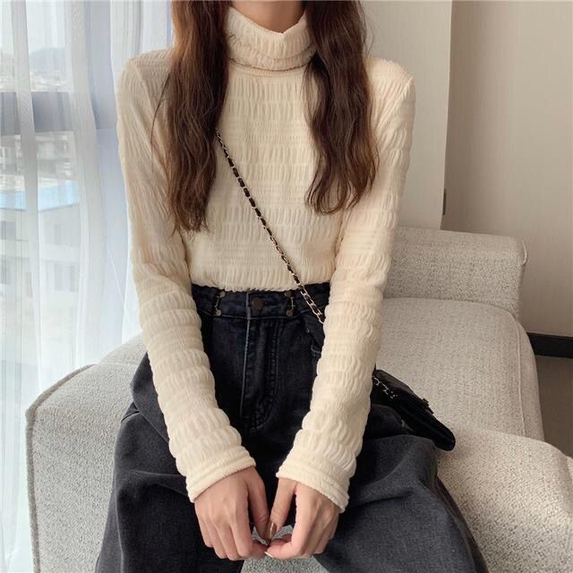 COZOK Áo Thun Dài Tay Cổ Cao Phối Ren Xinh Xắn Dành Cho Nữ