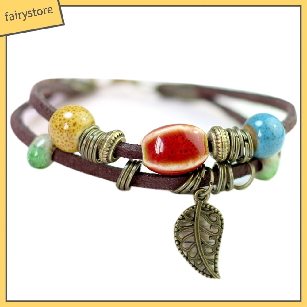 Vòng Tay Da Giả Hai Lớp Đính Hạt Và Lá Sứ Phong Cách Bohemian Fairy1 [Fairy1] Cho Nữ