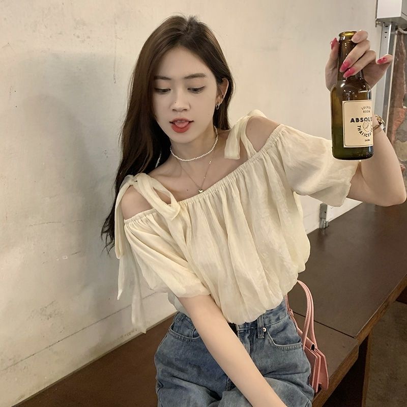Áo Sơ Mi Tay Ngắn Buộc Dây Một Bên Vai Màu Trơn Phong Cách Hàn Quốc Thời Trang Mùa Hè Hàng Mới
