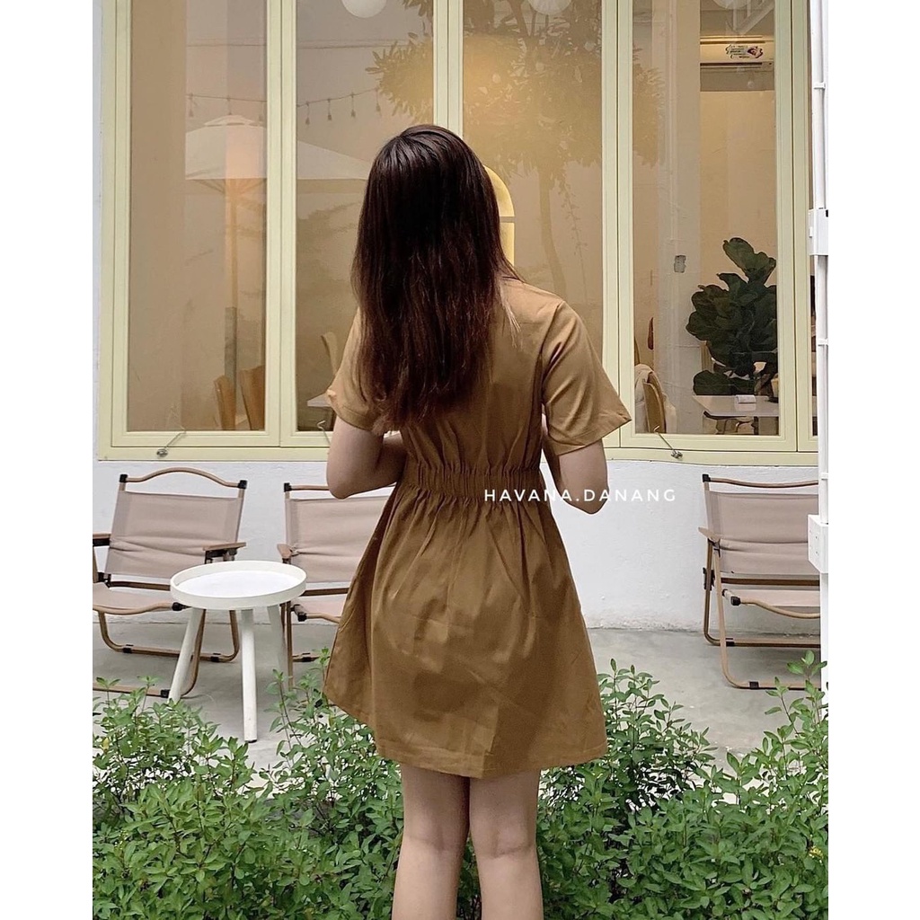 Váy sơ mi cúc gỗ có túi PIKA.CLOTHINGG dáng chữ A có bo chun lưng, Váy polo cổ sơ mi dáng dài chất 2 da thô mềm