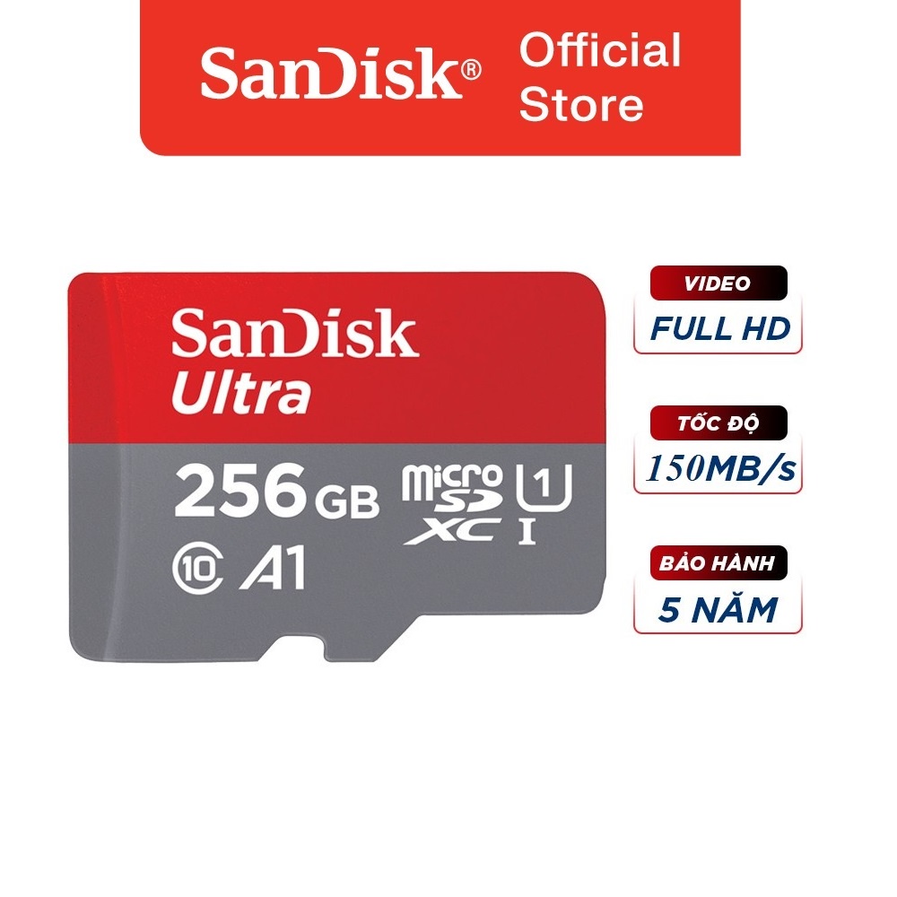 Thẻ nhớ microSDXC SanDisk 256GB Ultra A1 UHS-I tốc độ upto 150MB/s (Đỏ xám)