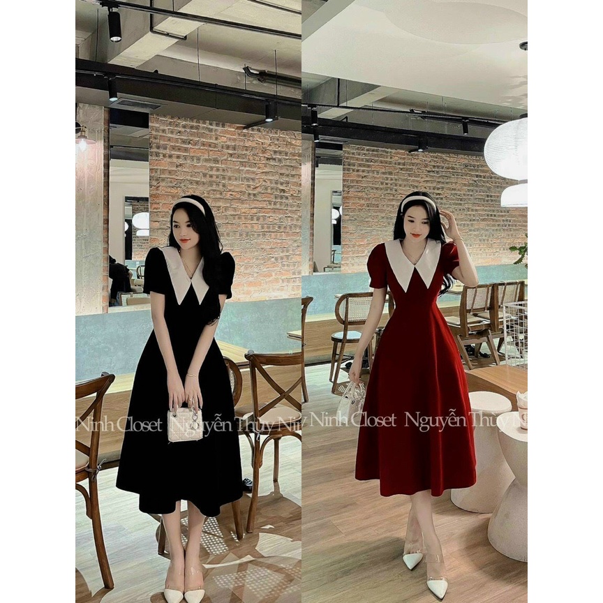 Đầm váy nhung cổ sơ mi thiết kế cao cấp dáng xinh