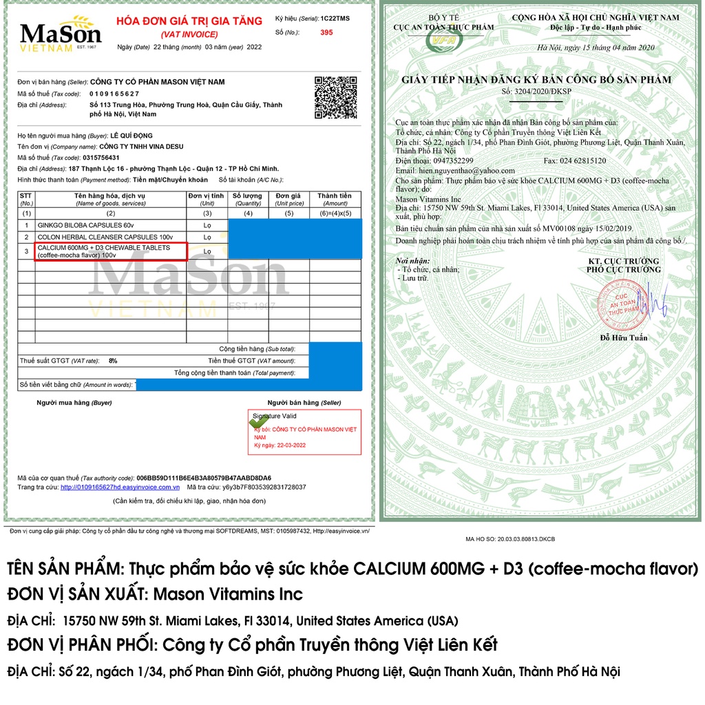 Viên nhai Mason Natural Calcium 600mg + D3 bổ sung canxi và vitamin hỗ trợ xương chắc khoẻ tăng chiều cao. Hộp 100 viên