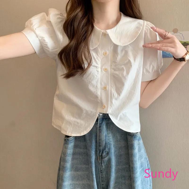 Plus Áo Sơ Mi Ngắn Tay Cổ Búp Bê Phong Cách Pháp Ngọt Ngào Thời Trang Xuân Hè Cho Nữ