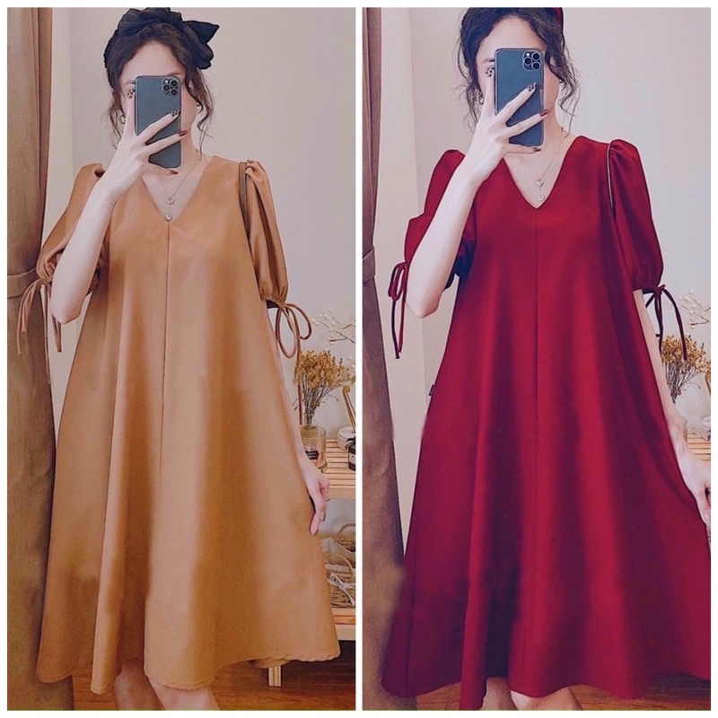 Đầm bầu tay lỡ cổ v chất đũi hàn dáng rộng- Váy bầu form rộng thời trang công sở