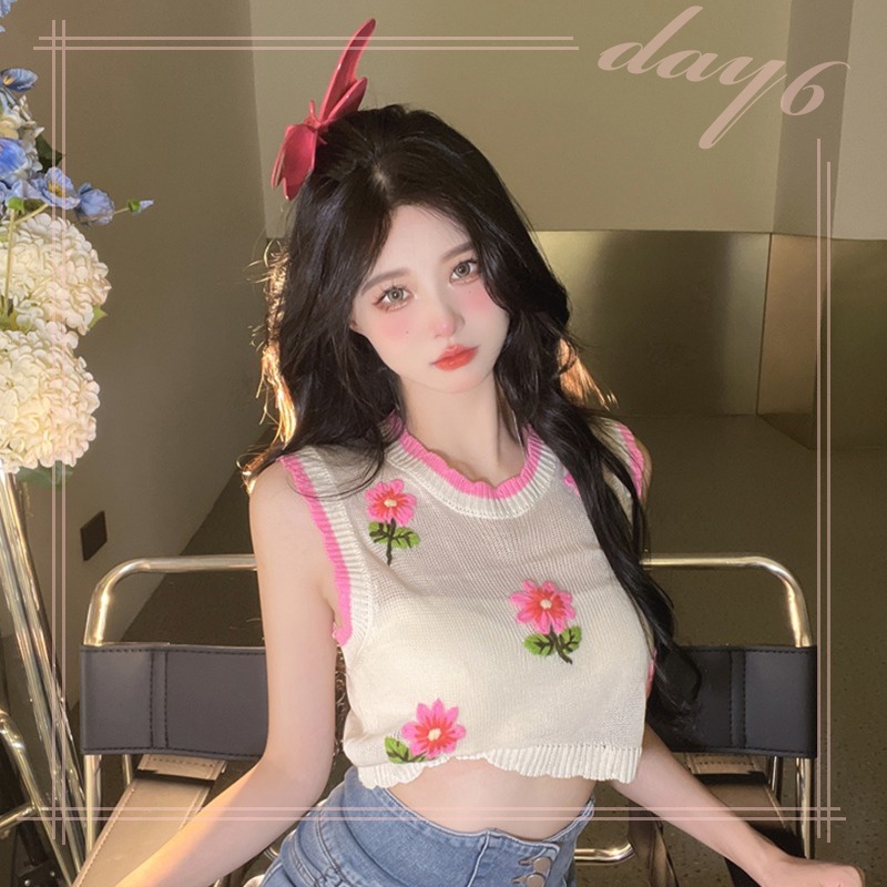 Áo Tank Top Dệt Kim Sát Nách In Hoa Kiểu Hàn Quốc Xinh Xắn Cho Bạn Gái