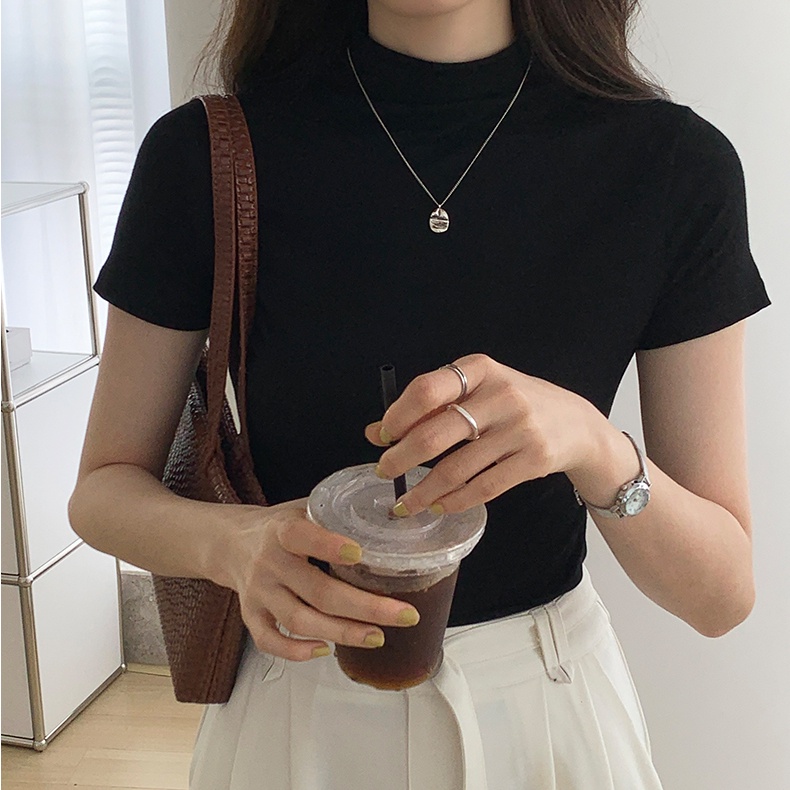 Áo thun SUXI tay ngắn cổ đứng dáng ôm màu trơn thời trang mùa hè cho nữ