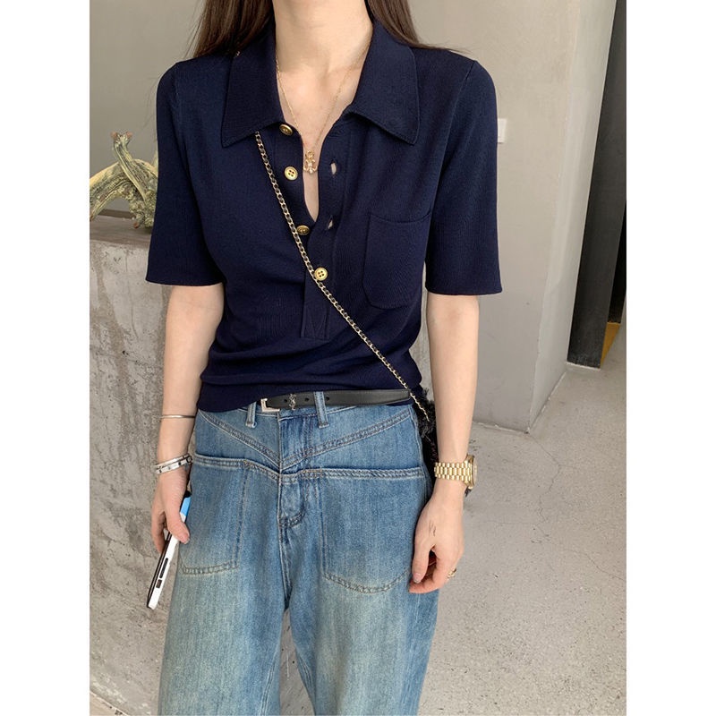 Áo Thun polo Dệt Kim Tay Ngắn Thời Trang Mùa Hè Cao Cấp Dễ Phối Đồ Cho Nữ