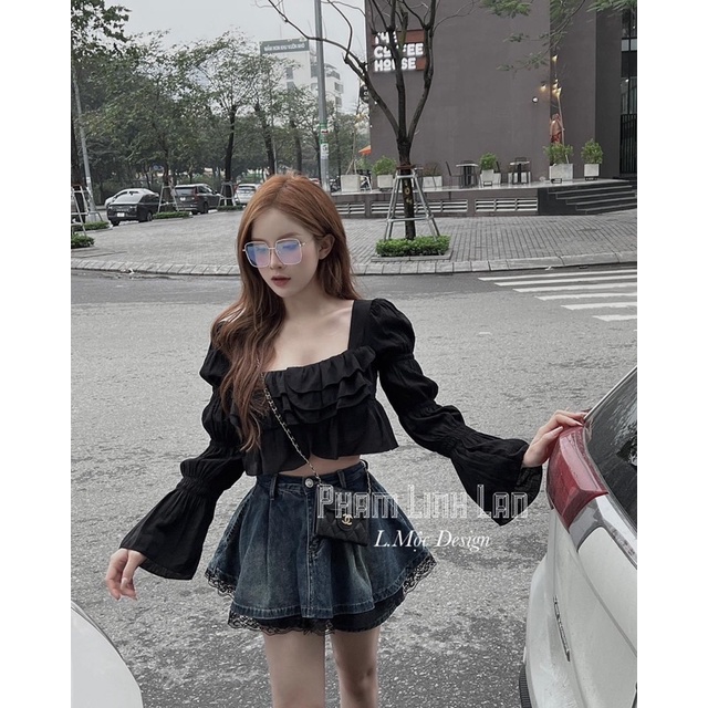 (Có tách set) Set áo bèo cổ vuông tay bồng crt mix chân váy jeans xoè phối ren hàng cao cấp
