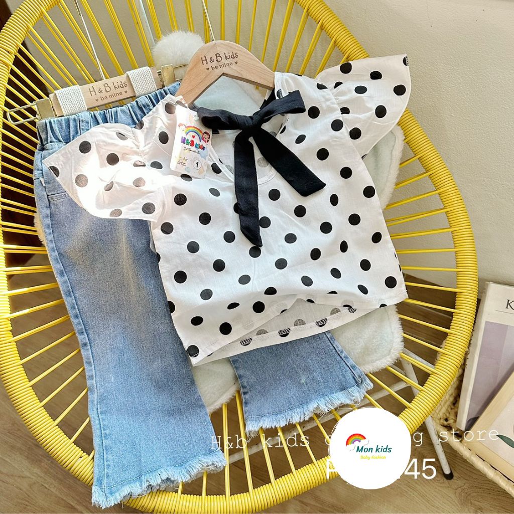 Set quần jean cho bé gái, set đồ cho bé gai, bộ quần bò bé gái, áo bé gái thắt nơ Hàn Quốc