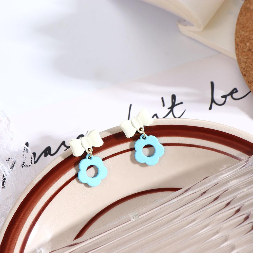 Bông Tai Đính Nơ Họa Tiết Hoa Màu Xanh Dương Phong Cách Hàn Quốc Thời Trang Cho Nữ