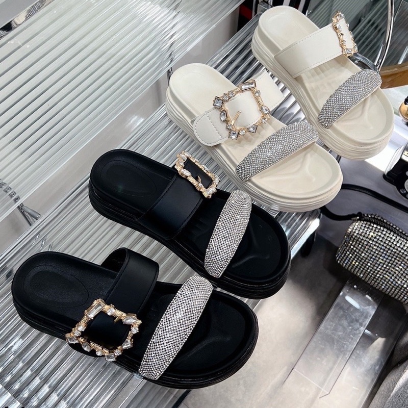 Dép nữ hai quai ngang đính đá khoá vuông đế cao 4cm hàng quảng châu