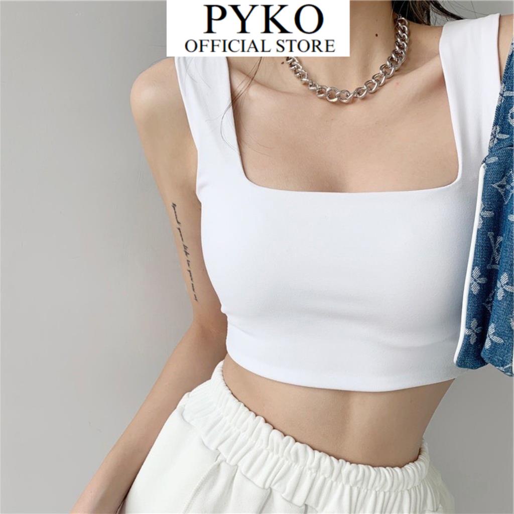 Áo ba lỗ cổ vuông hai lớp PYKO có mút đệm trẻ trung áo croptop hai dây bảng to 2 lớp basic chất vải borip tôn dáng