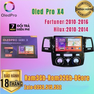 Màn hình dvd android oled pro x4 theo xe fortuner 2010 - 2016 + hilux 2008 - 2014 kèm dưỡng 9 inch điều hoà cơ kèm jack