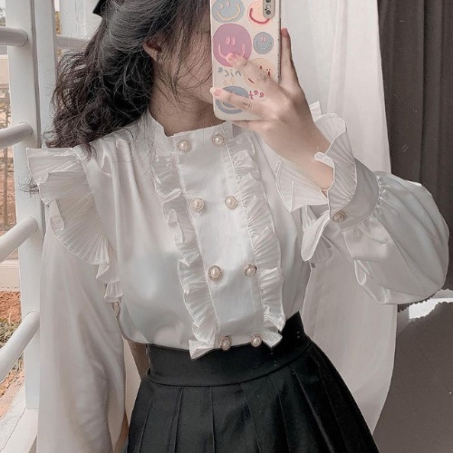 Áo sơ mi nữ Goness dài tay dáng bèo bồng suông bo ống tay thiết kế hàng cúc dọc thời trang Jumbo