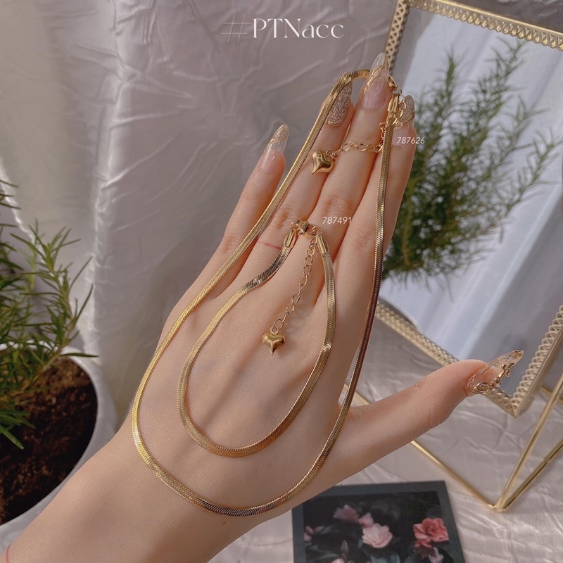 Bộ trang sức titan, set dây chuyền, vòng cổ, lắc chân titan dáng ép trơn đơn giản basic .PTNACC.