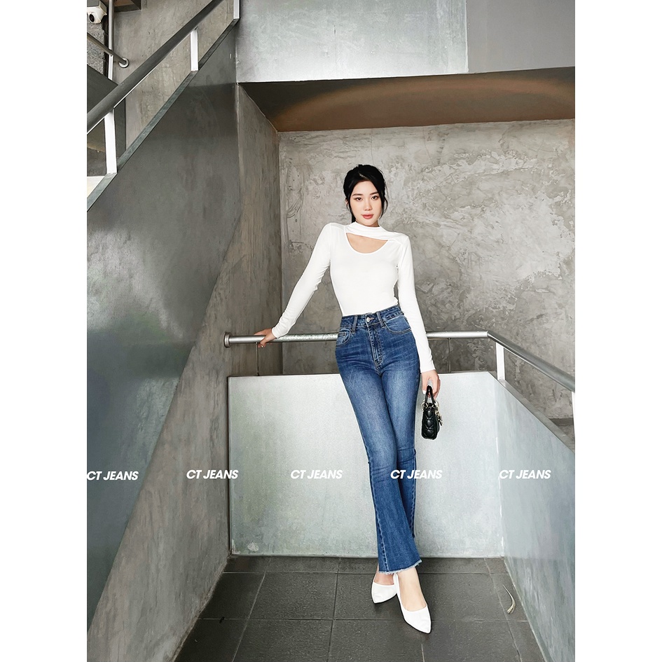 Quần jean ống loe trơn tua chất vải co dãn 4 chiều 2 màu đen trắng CP31, CT JEANS