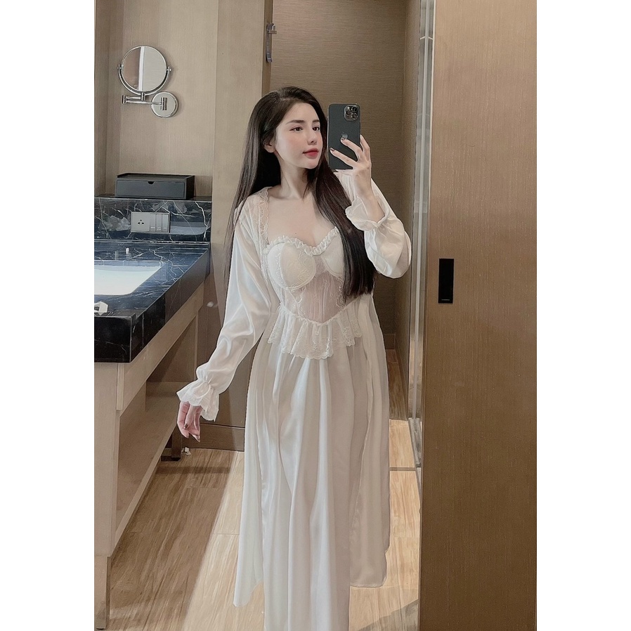 Đầm ngủ công chúa 2 dây , váy ngủ sexy kèm áo choàng lụa xinh xắn Freesize