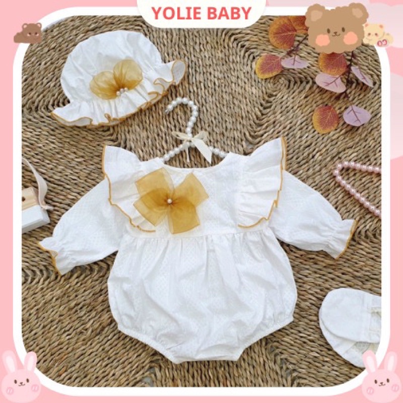 Body Handmade trắng nơ vàng bé gái phối nơ kèm nón 4kg-12kg