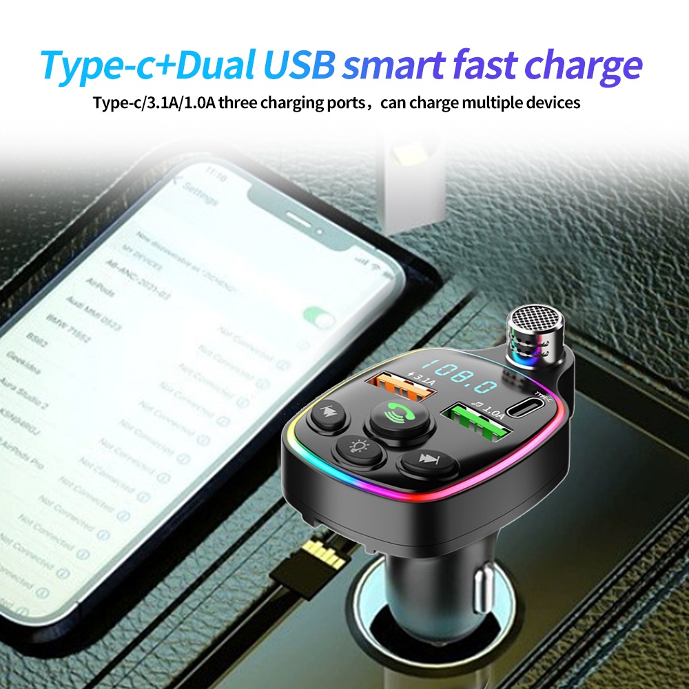 Tẩu Sạc Mp3 Hai Cổng USB 3.1A + Type-C Bluetooth 5.0 Hỗ Trợ Thẻ TF Cho Xe Hơi | BigBuy360 - bigbuy360.vn