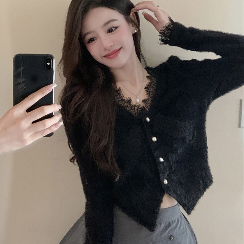 IELGY   Áo Len Sáp Mềm Mỏng Tay Dài Màu Trắng Thời Trang Cho Nữ