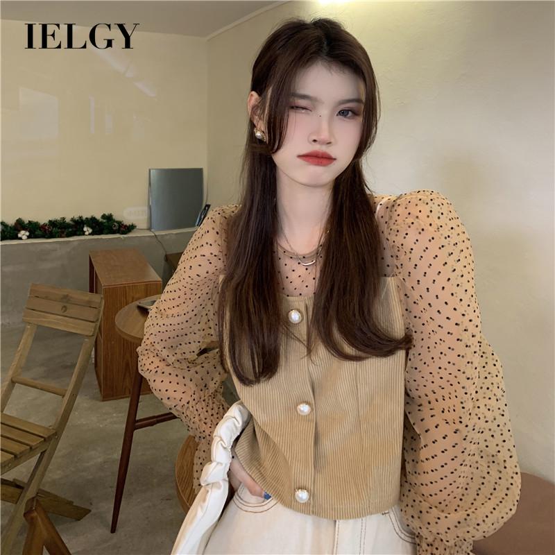 IELGY  Áo Kiểu Tay Phồng Phối Lưới Thời Trang Cho Nữ