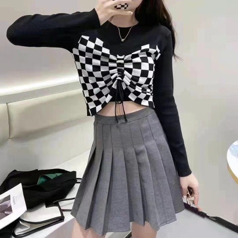 Áo Thun Dệt Kim Dài Tay Phối Dây Rút Phong Cách Hàn Quốc Thời Trang Mùa Xuân Dành Cho Nữ