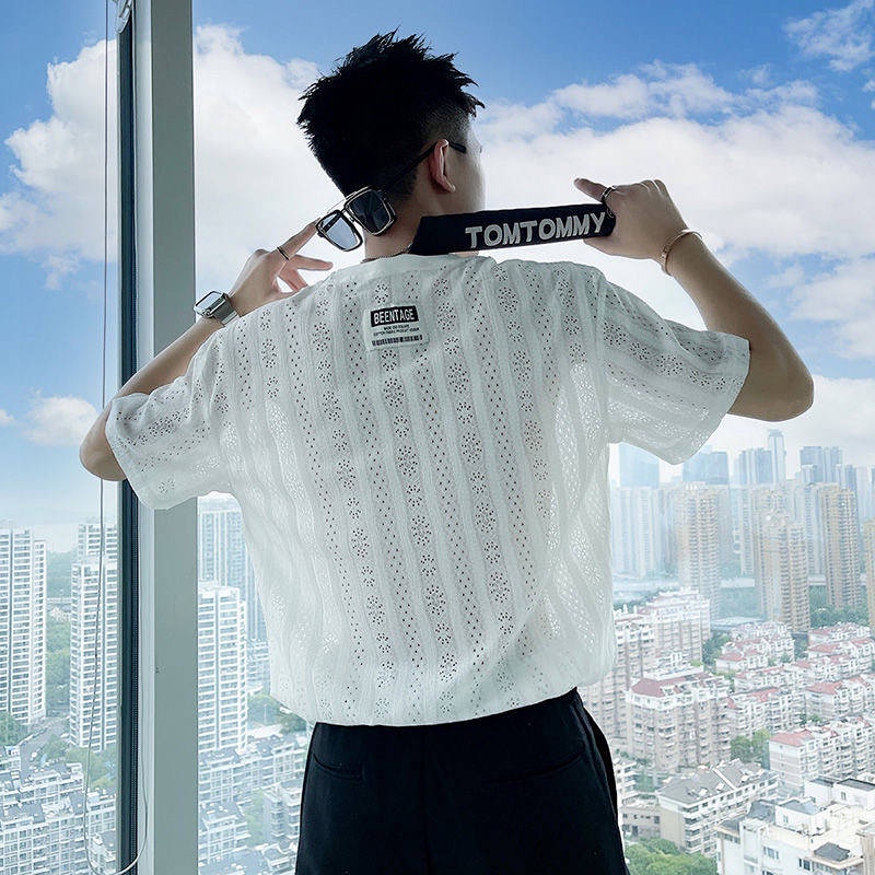 Áo nam đục lỗ dệt mỏng tay ngắn form rộng trendy mùa hè Fmw7