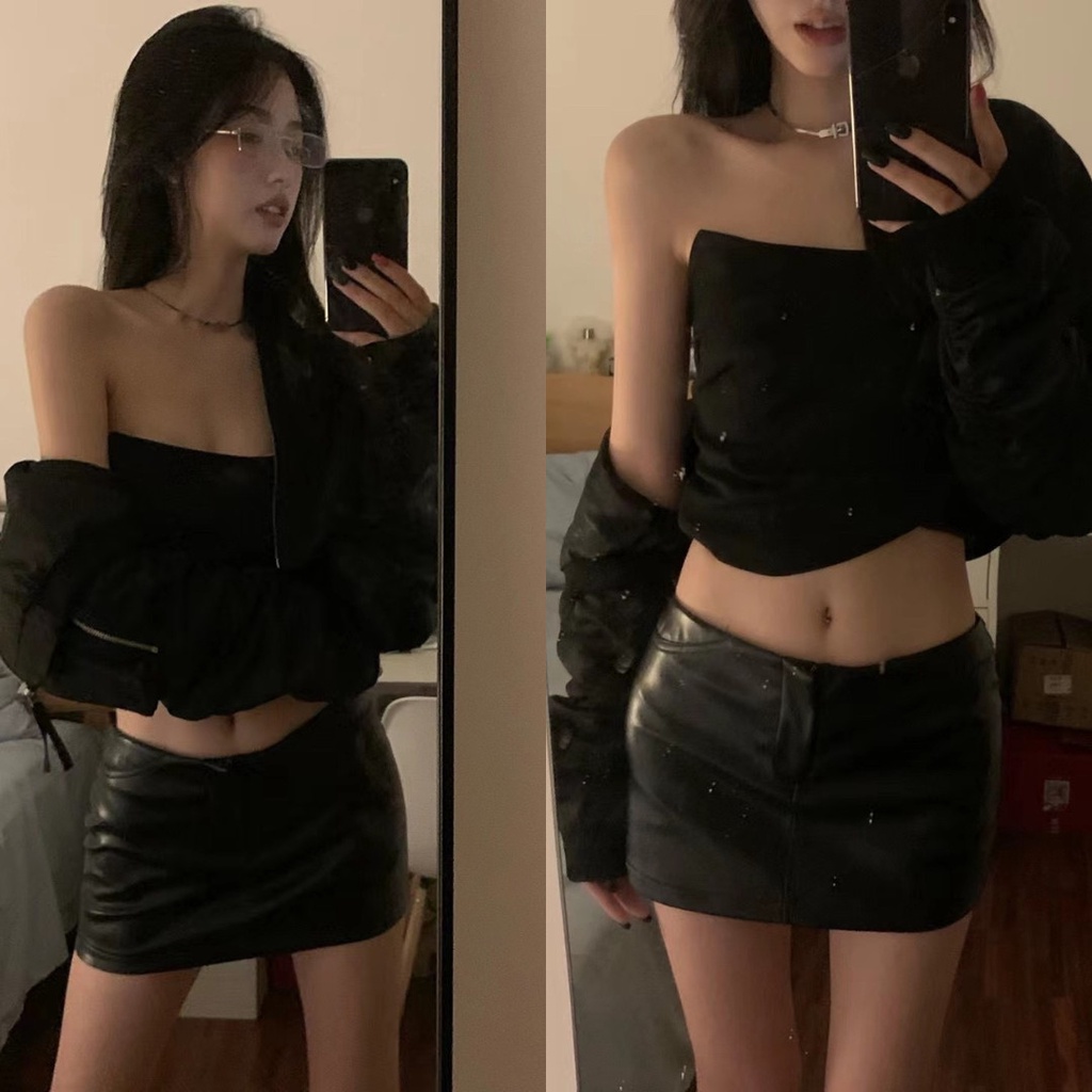 Chân Váy Da Đen PU Trơn Form Ngắn Có Lót Trong, Chân Váy Mini Đen Trắng Kem Ulzzang Sexy