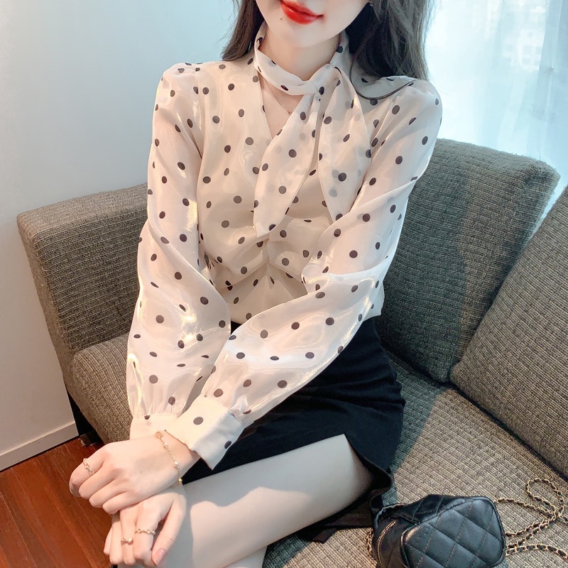 IELGY Áo Sơ Mi Tay Phồng Thắt Nơ Họa Tiết Chấm Bi Dành Cho Nữ