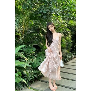 (ORDER) Váy 2 dây maxi suông dài thon eo gợi cảm phối bèo viền sóng sang chảnh kiểu Pháp