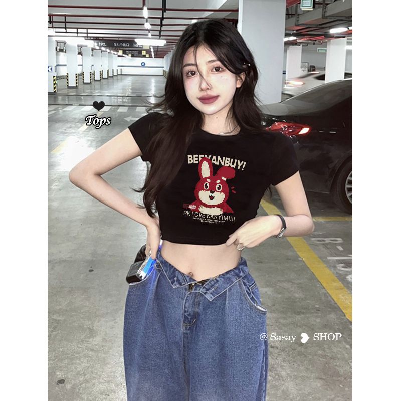 QADCOL Áo Thun Đen In Hình Thỏ Phong Cách retro Mỹ Thời Trang Xuân Hè Cho Nữ
