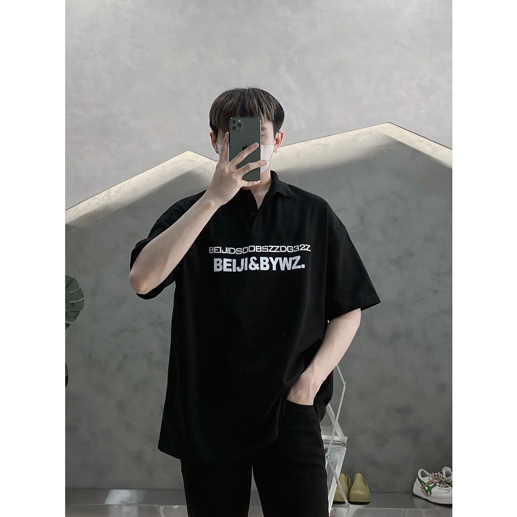 Áo Thun Polo Nam Màu Đen In Chữ Trắng Form Rộng Chất Liệu Cotton VNXK