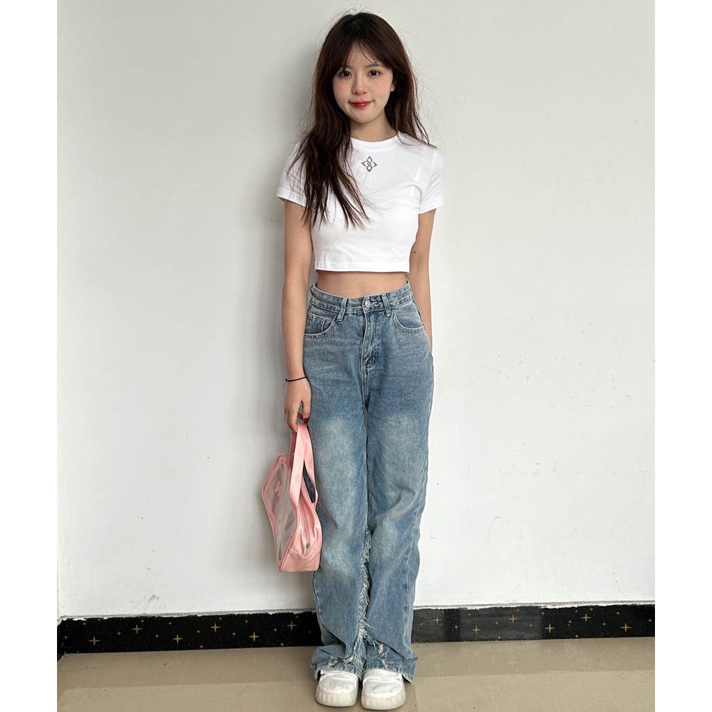 Ethelgirl Áo Thun Croptop Tay Ngắn Cổ Tròn In Họa Tiết Đơn Giản Thời Trang Quyến Rũ Cho Nữ