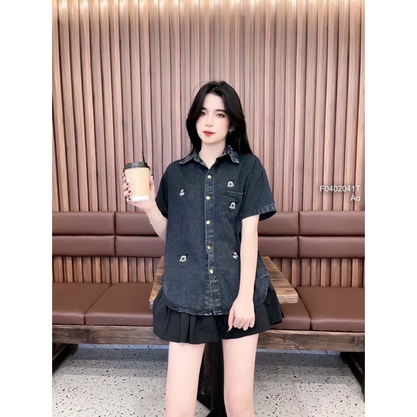 Áo sơ mi jeans tay ngắn 1 túi phối hình m6 VIENS STORE