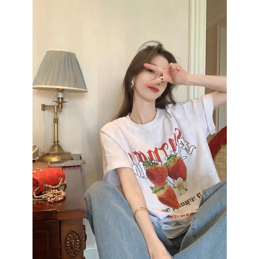 NUZIRO Áo Thun Nữ Ngắn Tay Cổ Tròn In Hình Dâu Tây Thời Trang Hàn Quốc